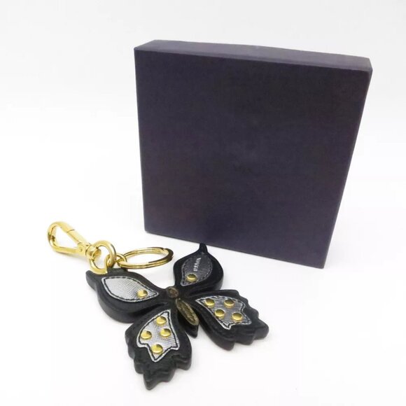 PRADA Butterfly Key Holder Bag Charm Black Leather - Picture 1 of 12